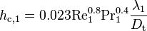 
h_{\text{c},1} = 0.023 \text{Re}_1^{0.8} \text{Pr}_1^{0.4} \frac{\lambda_1}{D_{\text{t}}}
