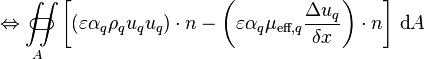 \Leftrightarrow\iint\limits_{A}\!\!\!\!\!\!\!\!\!\!\!\subset\!\supset \left[\left(\varepsilon \alpha_q \rho_q u_q u_q\right)\cdot n - \left(\varepsilon \alpha_q \mu_{\text{eff},q} \frac{\Delta u_q}{\delta x}\right)\cdot n\right]\, \text{d}A