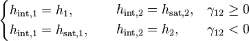 
\begin{array}{lll}
\begin{cases}
h_{\text{int},1} = h_1, \\
h_{\text{int},1} = h_{\text{sat},1},
\end{cases} &
\begin{align}
& h_{\text{int},2} = h_{\text{sat},2}, \\
& h_{\text{int},2} = h_2, 
\end{align} &
\begin{align}
& \gamma_{12} \ge 0 \\
& \gamma_{12} < 0
\end{align}
\end{array}
