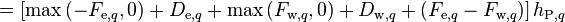  = \left[ \text{max}\left(-F_{\text{e},q},0\right) + D_{\text{e},q} + \text{max}\left(F_{\text{w},q},0\right) + D_{\text{w},q} + \left( F_{\text{e},q} - F_{\text{w},q} \right) \right] h_{\text{P},q} 