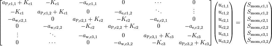 
\begin{bmatrix}
a_{\text{P,c1},1} + K_{\text{c1}} &            -K_{\text{c1}}         &          -a_{\text{e,c1},1}       &                   0               &                \cdots             &                   0               \\
          -K_{\text{c1}}          & a_{\text{P,c1},2} + K_{\text{c1}} &                   0               &          -a_{\text{e,c1},2}       &                \ddots             &                \vdots             \\
         -a_{\text{w,c2},1}       &                   0               & a_{\text{P,c2},1} + K_{\text{c2}} &            -K_{\text{c2}}         &          -a_{\text{e,c2},1}       &                   0               \\
                  0               &            -a_{\text{w,c2},2}     &            -K_{\text{c2}}         & a_{\text{P,c2},2} + K_{\text{c2}} &                   0               &          -a_{\text{e,c2},2}       \\
               \vdots             &                \ddots             &          -a_{\text{w,c3},1}       &                   0               & a_{\text{P,c3},1} + K_{\text{c3}} &            -K_{\text{c3}}         \\
                  0               &                \cdots             &                   0               &          -a_{\text{w,c3},2}       &             -K_{\text{c3}}        & a_{\text{P,c3},2} + K_{\text{c3}}      
\end{bmatrix}
\begin{pmatrix}
u_{\text{c1,1}}\\
u_{\text{c1,2}}\\
u_{\text{c2,1}}\\
u_{\text{c2,2}}\\
u_{\text{c3,1}}\\
u_{\text{c3,2}}
\end{pmatrix}
=
\begin{pmatrix}
S_{\text{mom,c1,1}}\\
S_{\text{mom,c1,2}}\\
S_{\text{mom,c2,1}}\\
S_{\text{mom,c2,2}}\\
S_{\text{mom,c3,1}}\\
S_{\text{mom,c3,2}}
\end{pmatrix}
