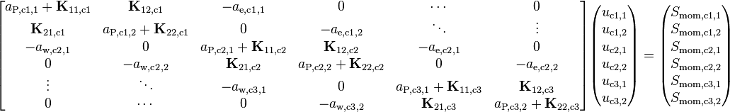 
\begin{bmatrix}
a_{\text{P,c1},1} + \mathbf{K}_{\text{11,c1}} &             \mathbf{K}_{\text{12,c1}}         &              -a_{\text{e,c1},1}               &                       0                       &                    \cdots                     &                      0                        \\
          \mathbf{K}_{\text{21,c1}}           & a_{\text{P,c1},2} + \mathbf{K}_{\text{22,c1}} &                       0                       &              -a_{\text{e,c1},2}               &                    \ddots                     &                   \vdots                      \\
            -a_{\text{w,c2},1}                &                       0                       & a_{\text{P,c2},1} + \mathbf{K}_{\text{11,c2}} &             \mathbf{K}_{\text{12,c2}}         &              -a_{\text{e,c2},1}               &                      0                        \\
                    0                         &              -a_{\text{w,c2},2}               &             \mathbf{K}_{\text{21,c2}}         & a_{\text{P,c2},2} + \mathbf{K}_{\text{22,c2}} &                       0                       &             -a_{\text{e,c2},2}                \\
                 \vdots                       &                    \ddots                     &              -a_{\text{w,c3},1}               &                       0                       & a_{\text{P,c3},1} + \mathbf{K}_{\text{11,c3}} &            \mathbf{K}_{\text{12,c3}}          \\
                    0                         &                    \cdots                     &                       0                       &              -a_{\text{w,c3},2}               &             \mathbf{K}_{\text{21,c3}}         & a_{\text{P,c3},2} + \mathbf{K}_{\text{22,c3}}     
\end{bmatrix}
\begin{pmatrix}
u_{\text{c1,1}}\\
u_{\text{c1,2}}\\
u_{\text{c2,1}}\\
u_{\text{c2,2}}\\
u_{\text{c3,1}}\\
u_{\text{c3,2}}
\end{pmatrix}
=
\begin{pmatrix}
S_{\text{mom,c1,1}}\\
S_{\text{mom,c1,2}}\\
S_{\text{mom,c2,1}}\\
S_{\text{mom,c2,2}}\\
S_{\text{mom,c3,1}}\\
S_{\text{mom,c3,2}}
\end{pmatrix}
