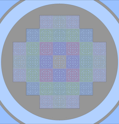 Horizontal geometry plot of a Serpent model for the Er-UO2 SMR core.